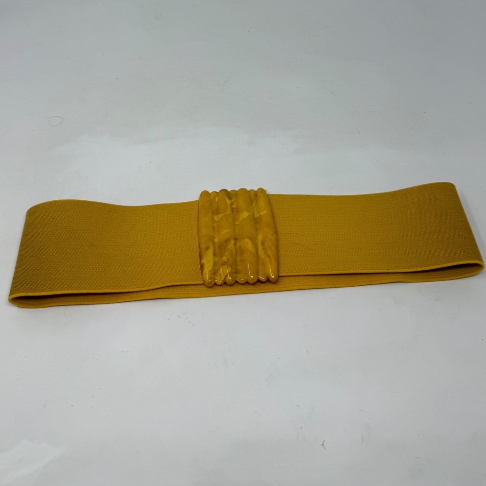 Vintage Style Mustard Yellow Wide Elastic Cinch Belt Marbled Amber Buckle ML